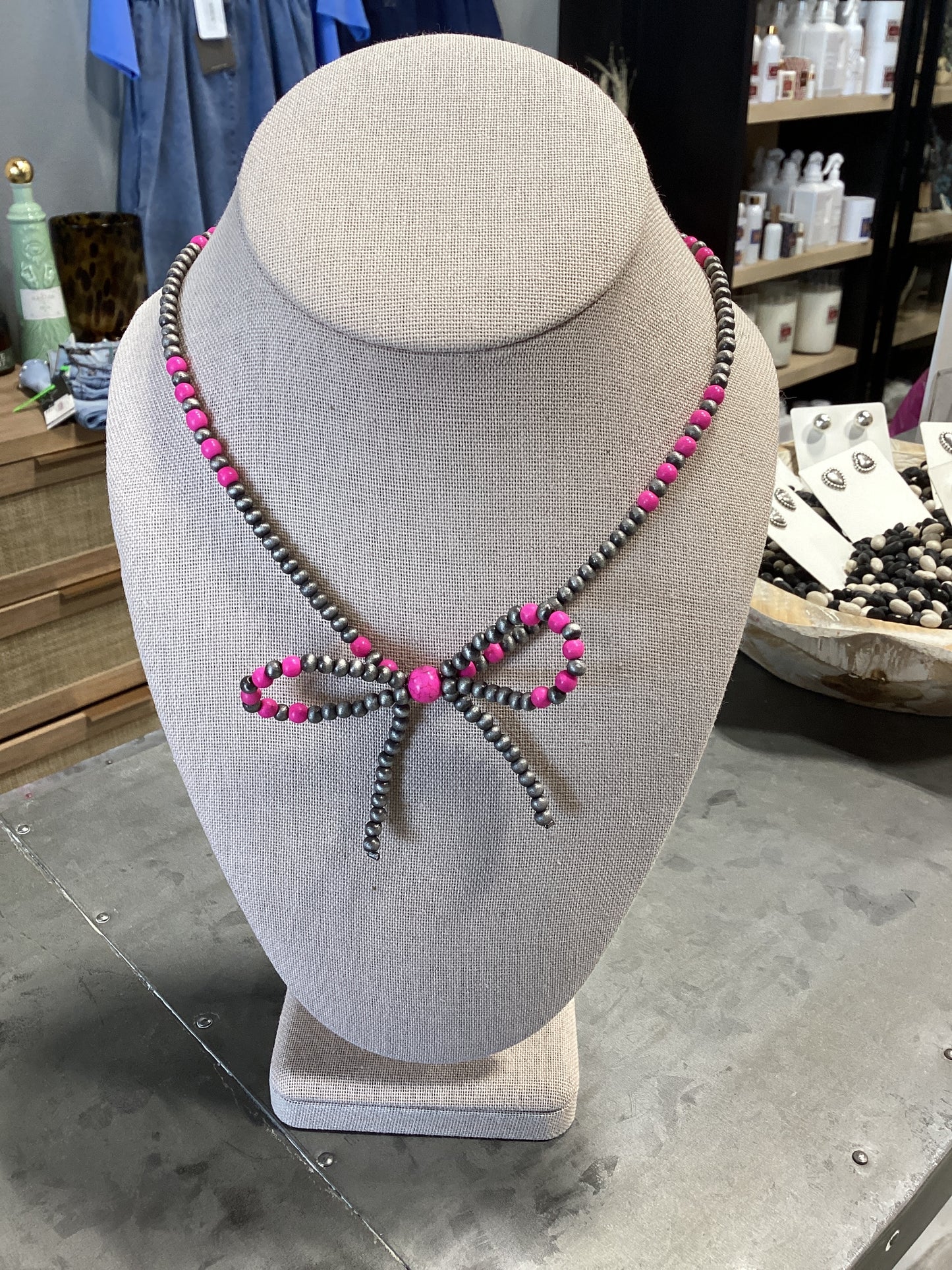 Faux Navajo Pearl Bow w/Hot Pink Necklace