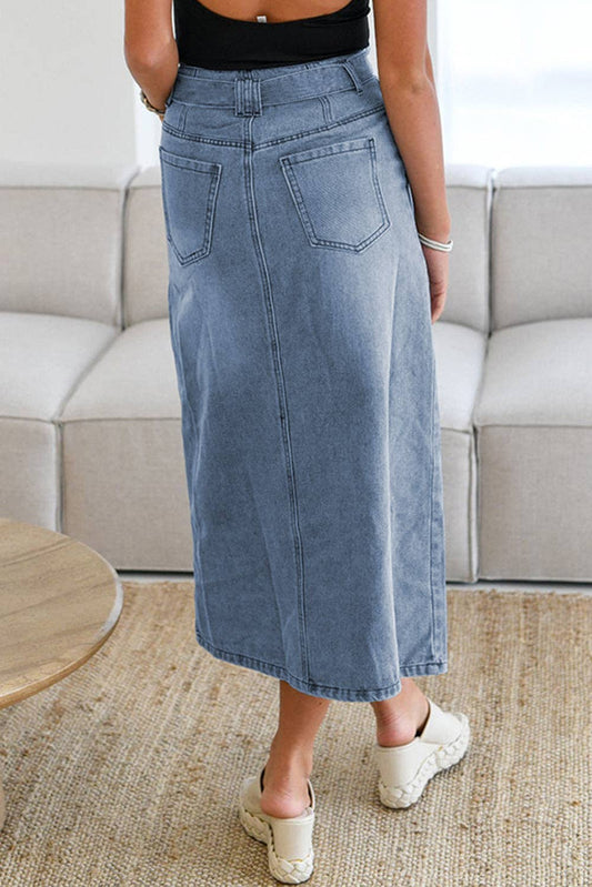 Denim Belted Slit Midi Skirt: Dusk Blue