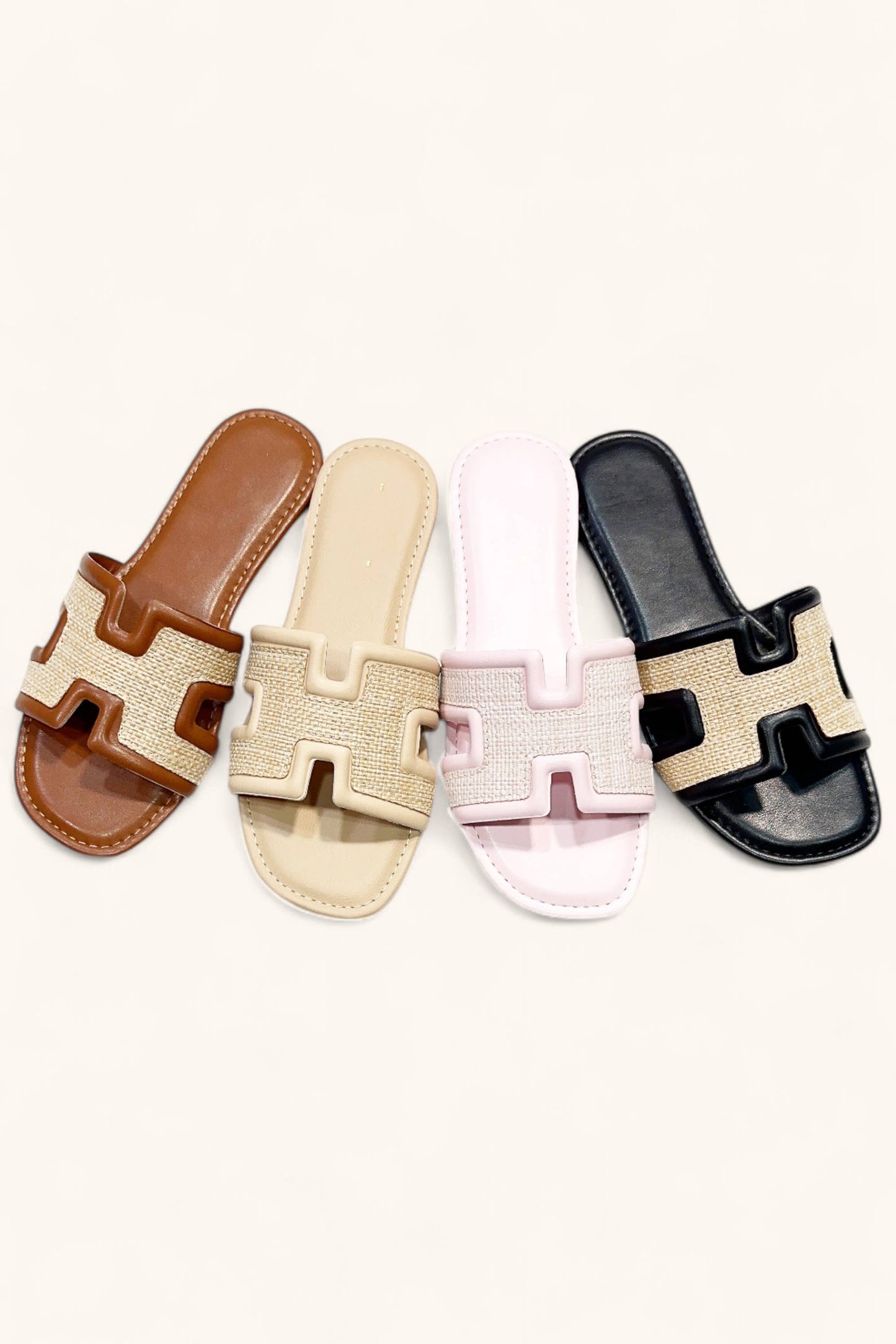 H-SHAPED CUTOUT WOVEN UPPER SLIDE SANDAL: CHESTNUT