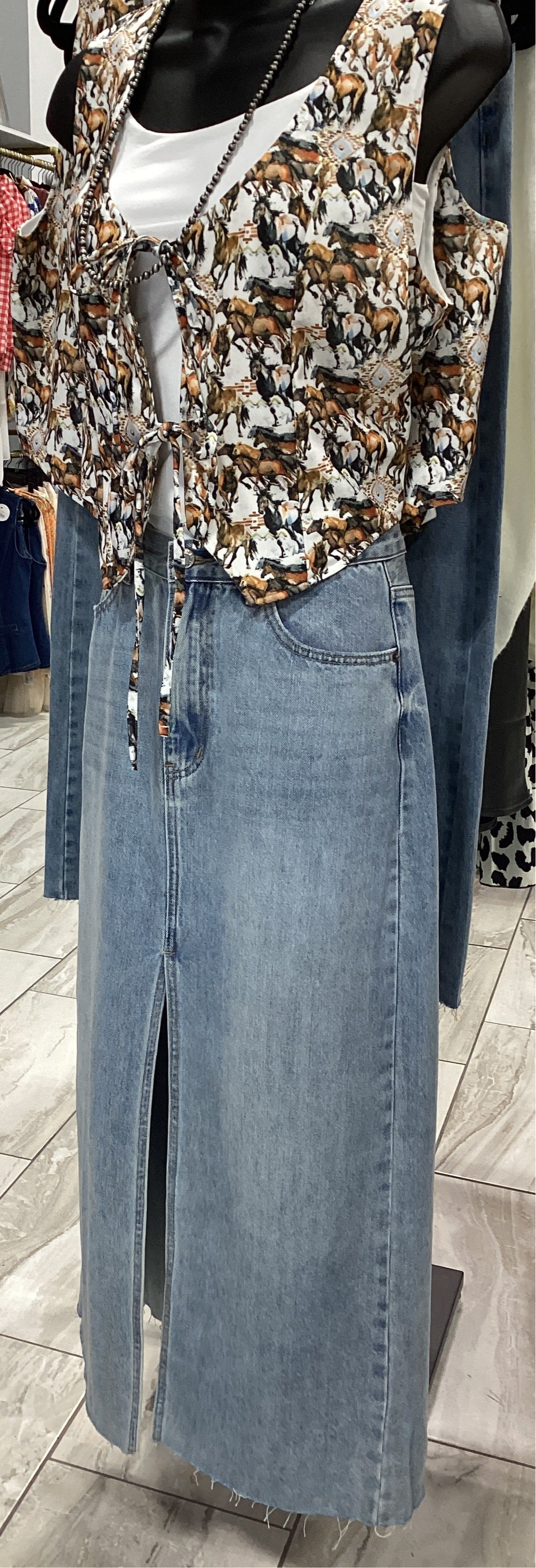 Denim Light Wash Cut Off Midi Skirt