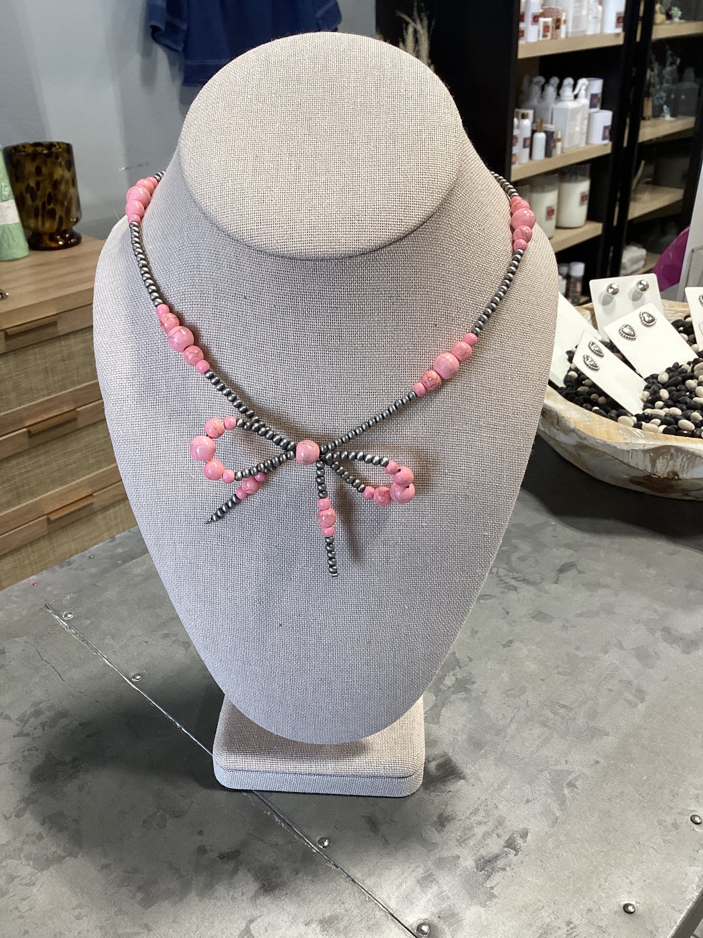 Faux Navajo Pearl Bow w/Pink Necklace
