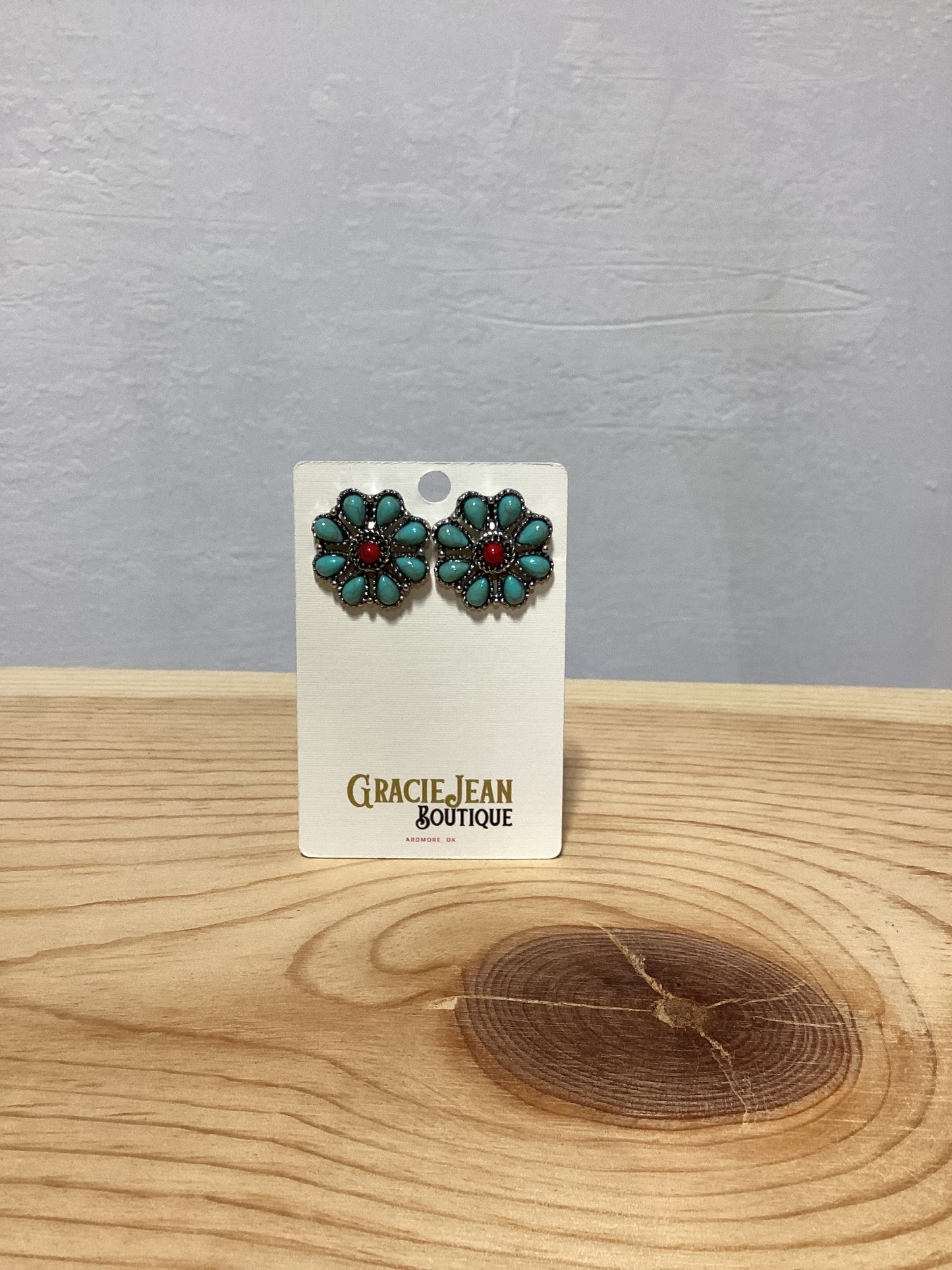 Faux Turquoise and Red Flower Earrings