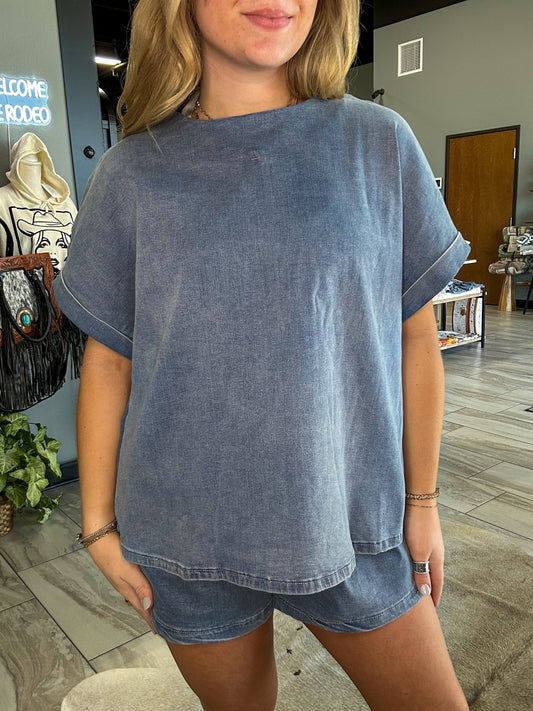 Denim Tee and Shorts Set: Light Blue