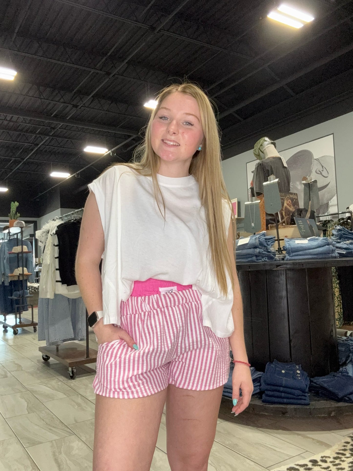 Waist Double Elastic Banded Boxer Stripe Shorts : Pink