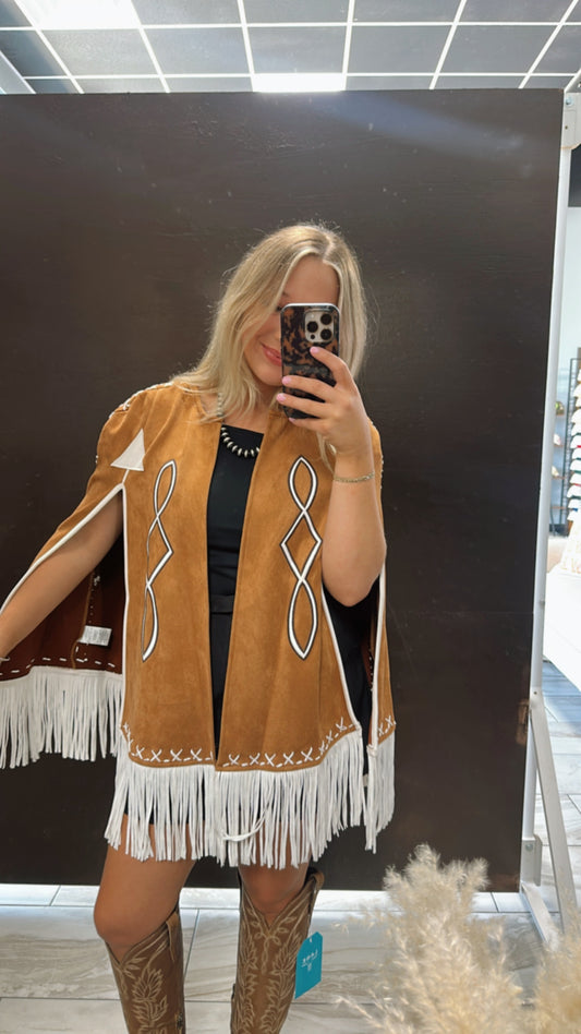 Fringe Detail Open Cape Jacket - Camel