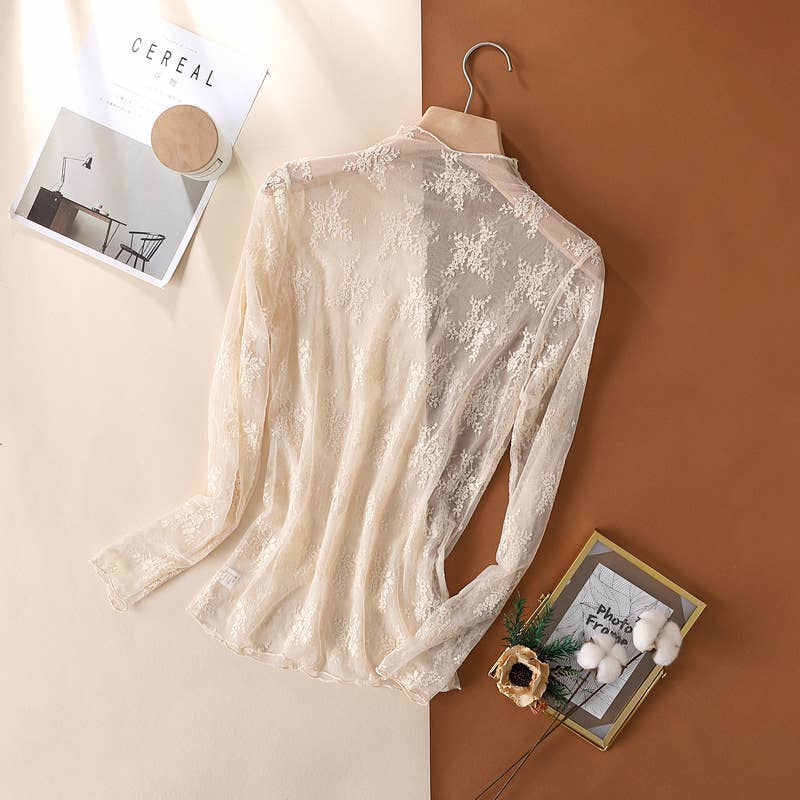 Semi Sheer Mesh Floral Lace Layering Top: Beige