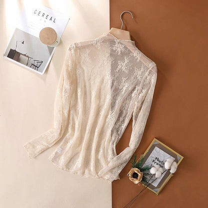 Semi Sheer Mesh Floral Lace Layering Top: Beige
