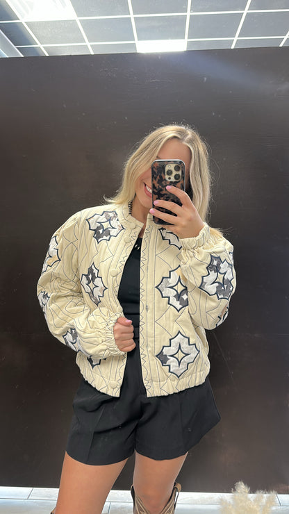 Quilted Covered Button Embroidered Jacket