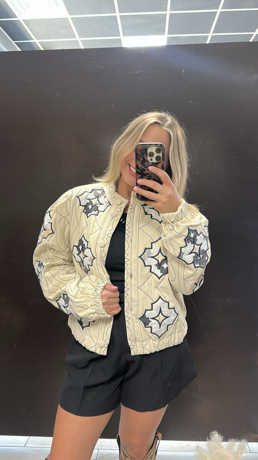 Quilted Covered Button Embroidered Jacket