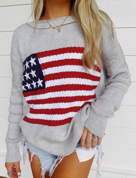 Ladies Round Neck American Flag Pullover Sweater