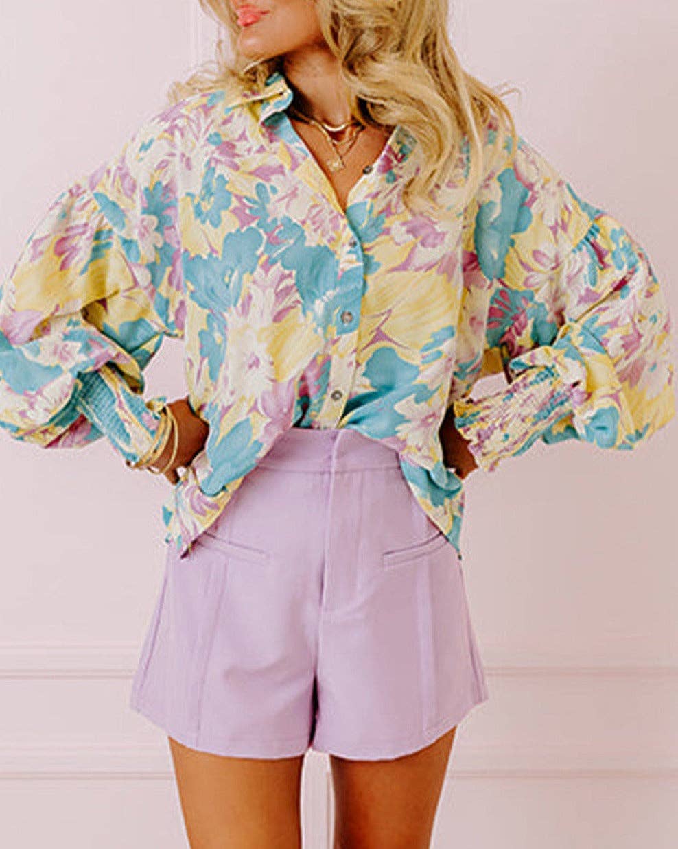 Floral Shirred Cuff Oversized Shirt: Yellow