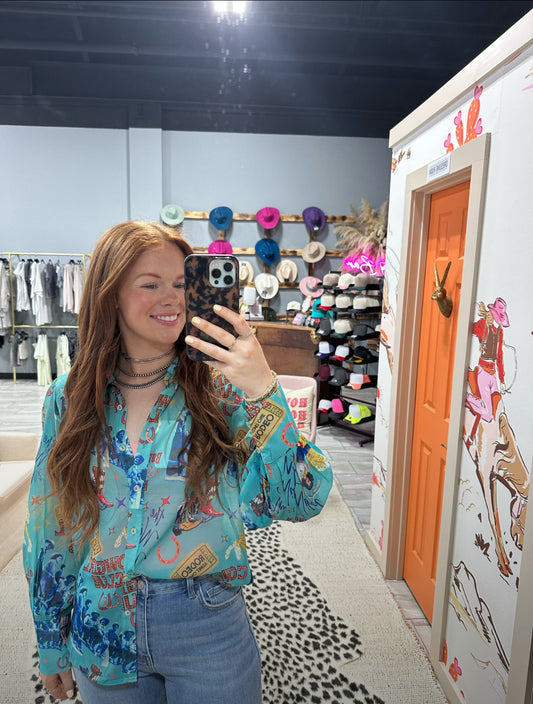 Turquoise Cowgirl Collage Button Up