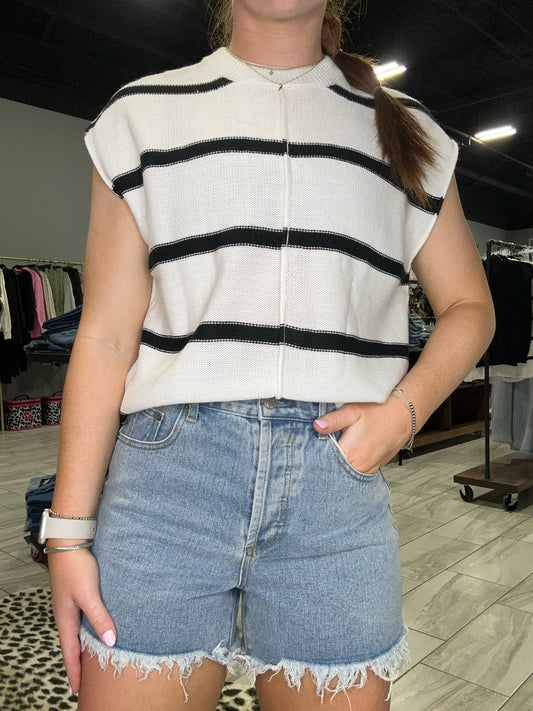 Black and White Striped Short Sleeve Sweater