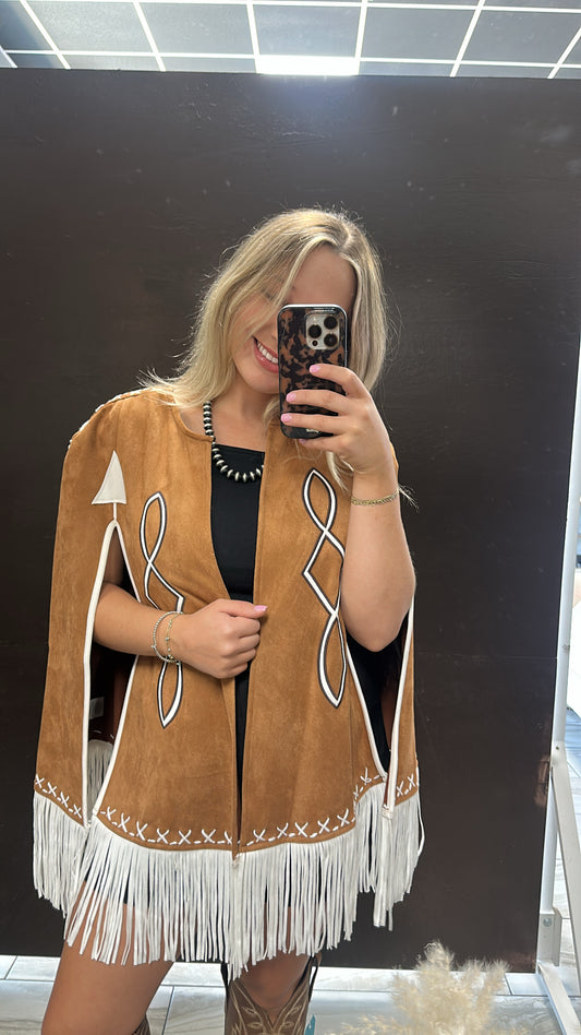 Fringe Detail Open Cape Jacket - Camel