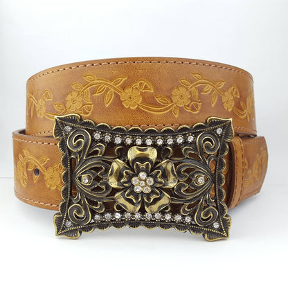Vintage Brass flower Buckle with matched floral tooled belt: Tan