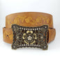 Vintage Brass flower Buckle with matched floral tooled belt: Tan