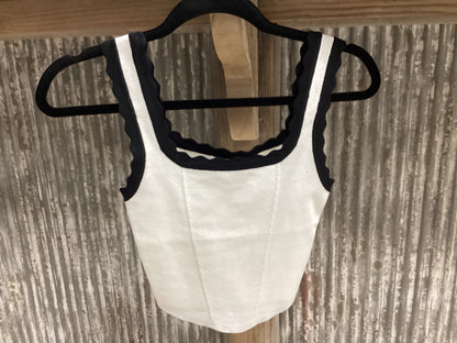White and Black Scalloped-Trimmed Tank Top