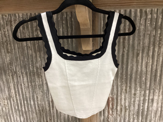 White and Black Scalloped-Trimmed Tank Top