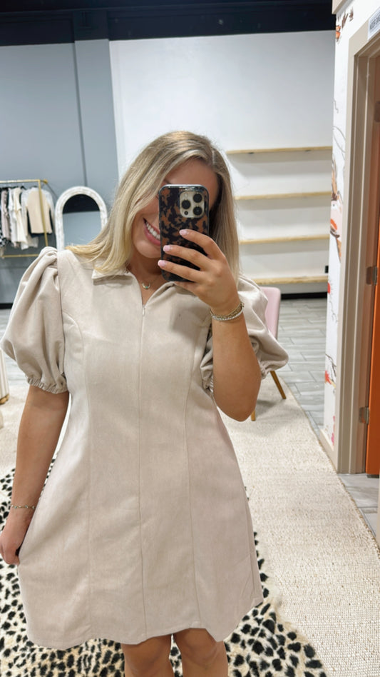 Cream Puff sleeve Suede Dress