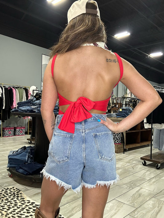 Wide Strap Back Tie Bodysuit - RED