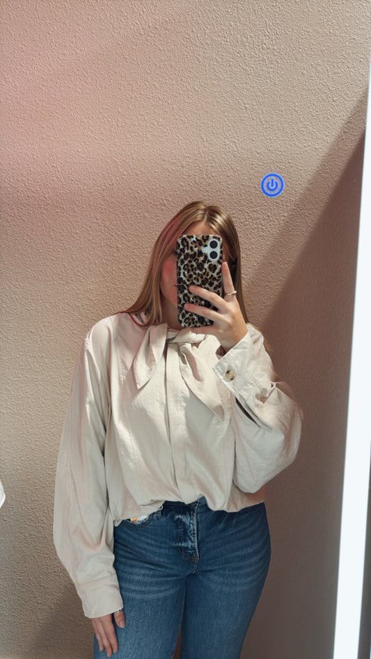 Tied Neck Overlay Blouse: Bone