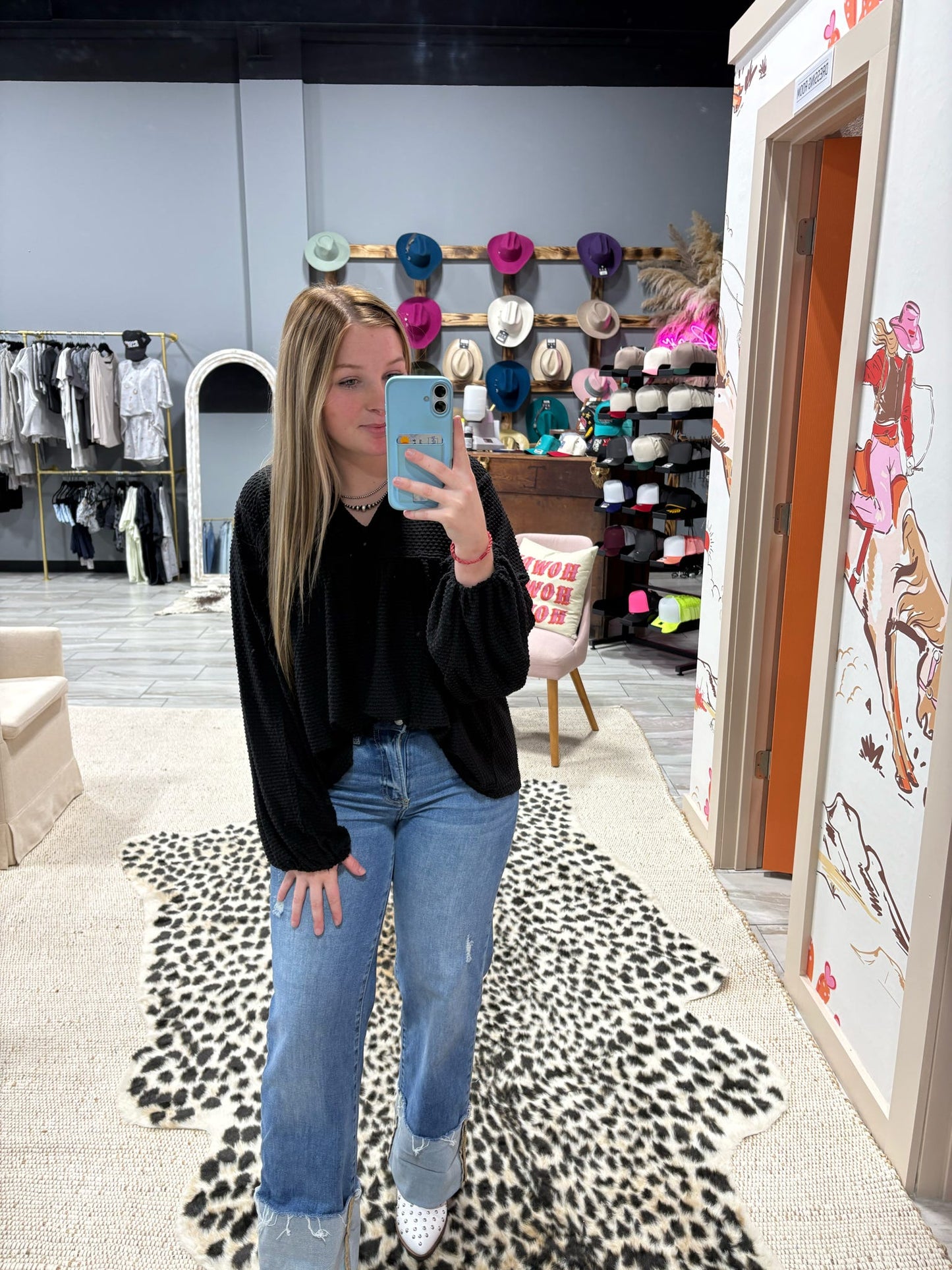 Jacquard Knit Long Sleeve Top - Black