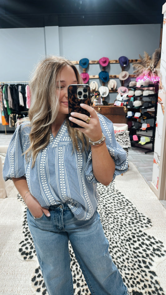 Blue Puff Sleeve Gingham Top