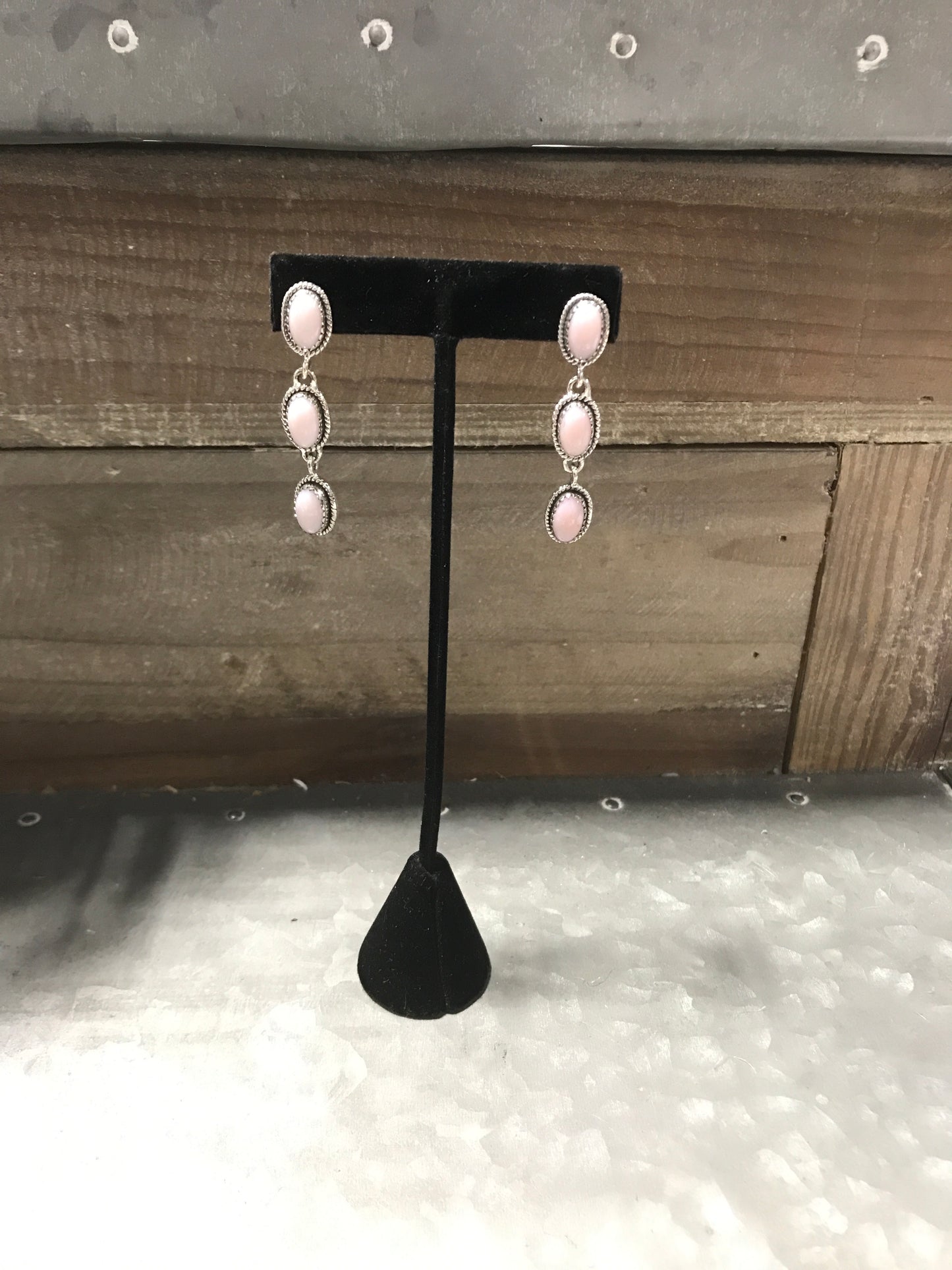 Pink Opal 3 Stone Drop Earrings