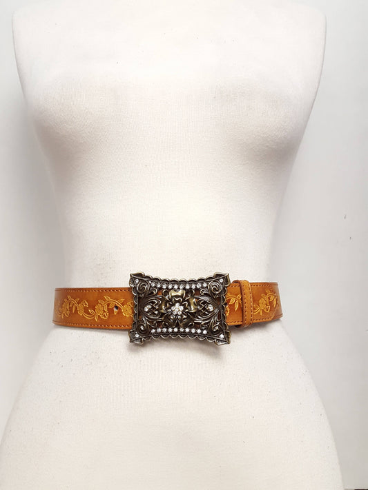 Vintage Brass flower Buckle with matched floral tooled belt: Tan