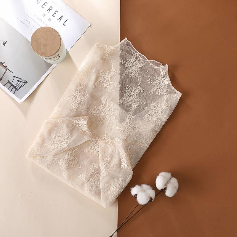 Semi Sheer Mesh Floral Lace Layering Top: Beige