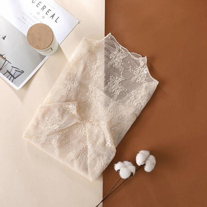 Semi Sheer Mesh Floral Lace Layering Top: Beige