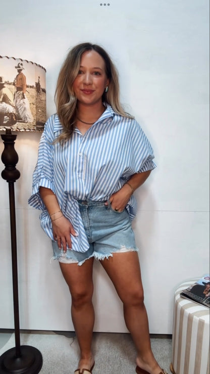 Stripe Dolman Sleeve Oversize Shirt: Sky Blue Stripe