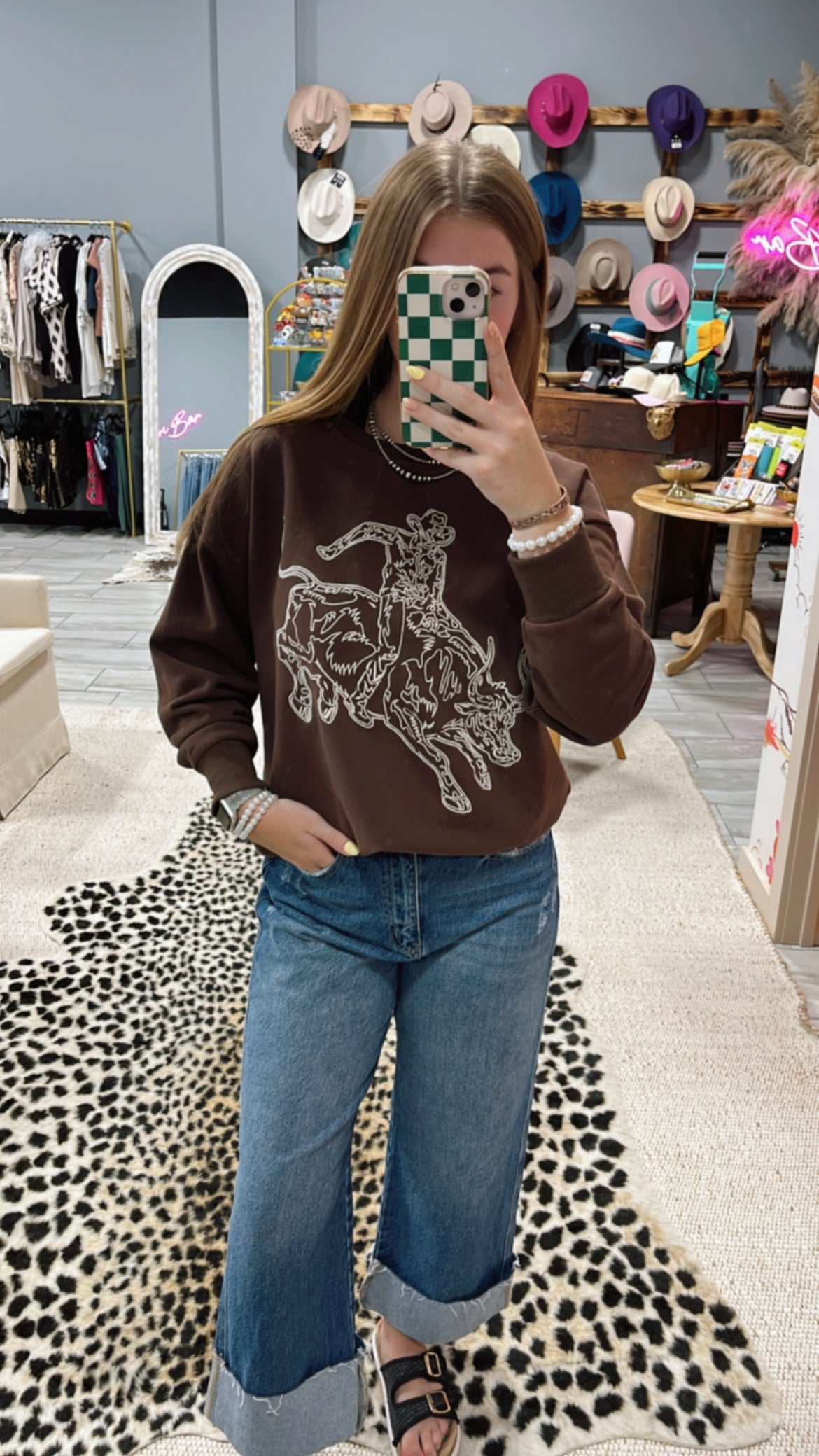 Embroidered Western Pullover Sweatshirt-Brown