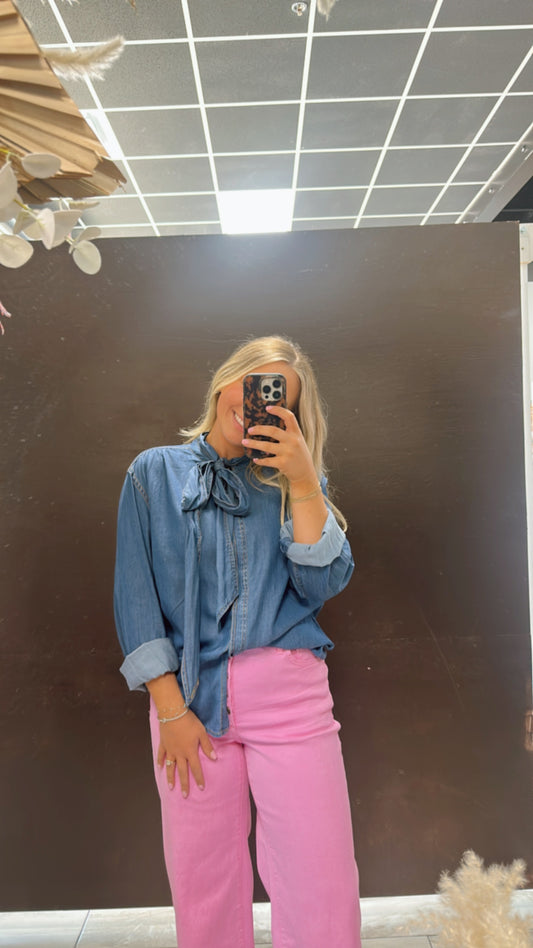 Tie Neck Hidden Button Chambray Blouse