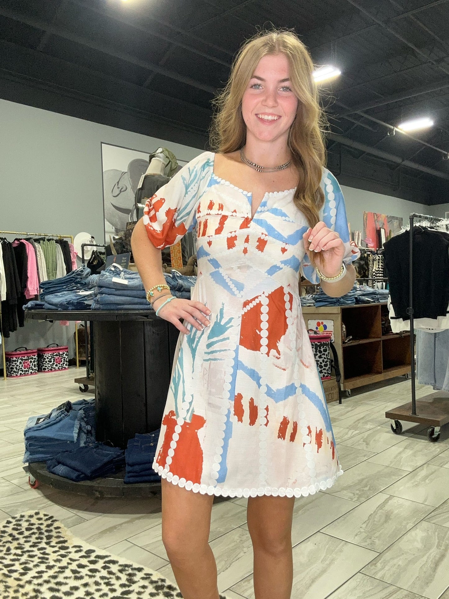 Ric rac trim off shoulder landscape print mini dress: Blue