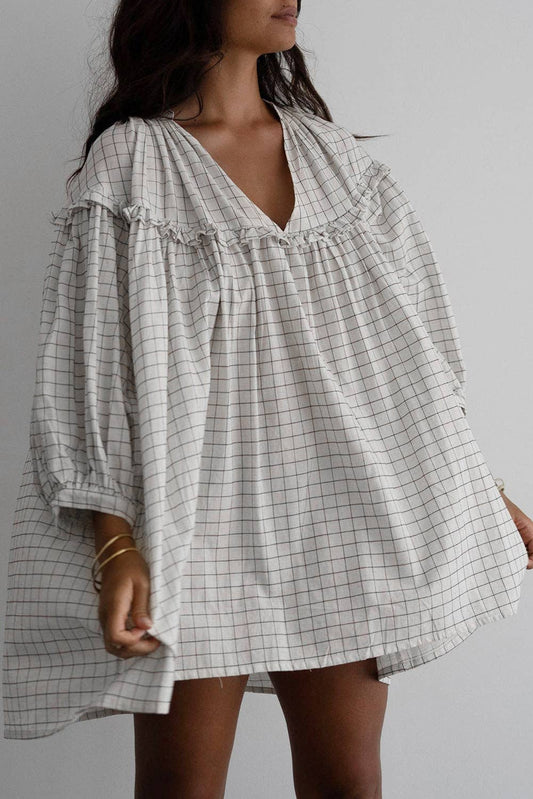 Plaid Frilled 3/4 Sleeve Babydoll