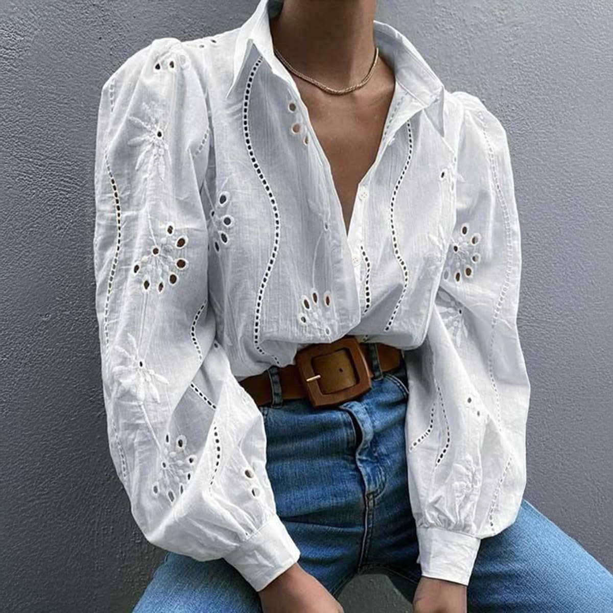 Lace Bubble Sleeve Button Up - White