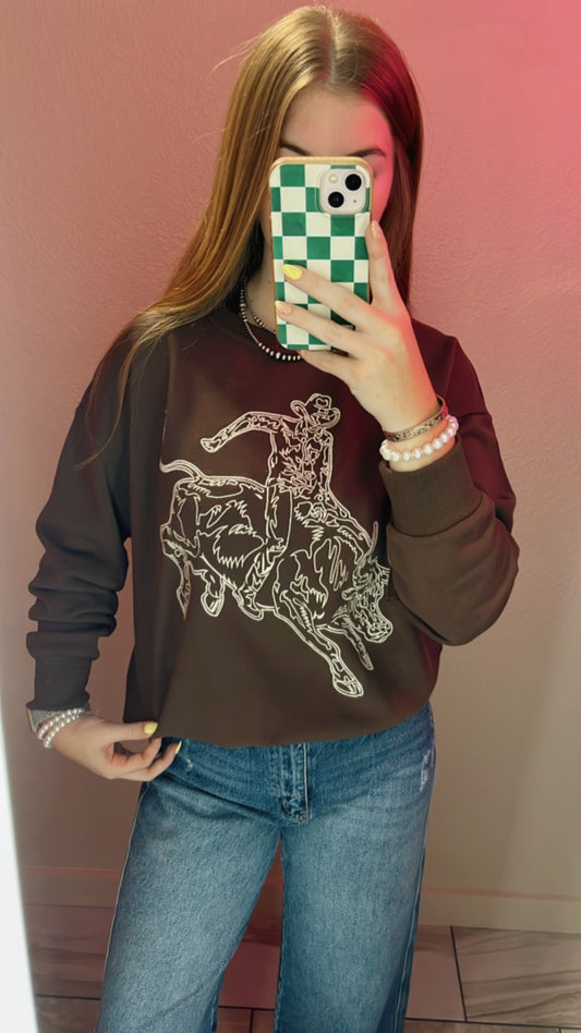 Embroidered Western Pullover Sweatshirt-Brown