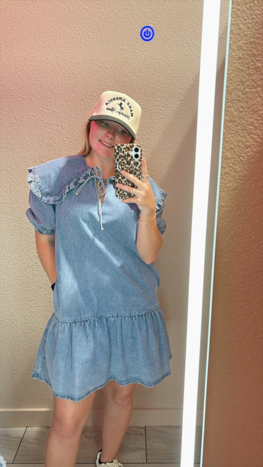 Denim Ruffle Collar Mini Dress: Dusk Blue