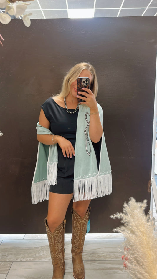 Fringe Detail Open Cape Jacket - Blue