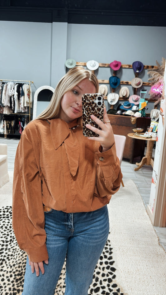 Tied Neck Overlay Blouse: Canyon Clay