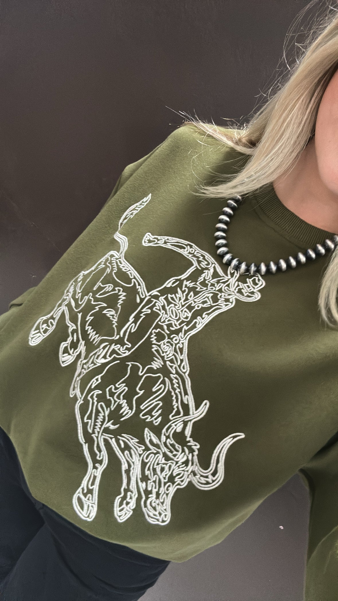 Embroidered Western Pullover Sweatshirt - Forest Green
