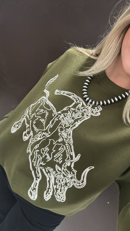 Embroidered Western Pullover Sweatshirt - Forest Green