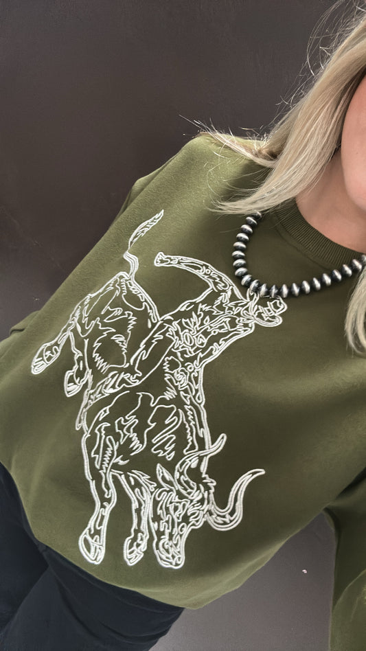Embroidered Western Pullover Sweatshirt - Forest Green