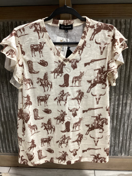 Merigold Kiss Western Print V-Neck Top