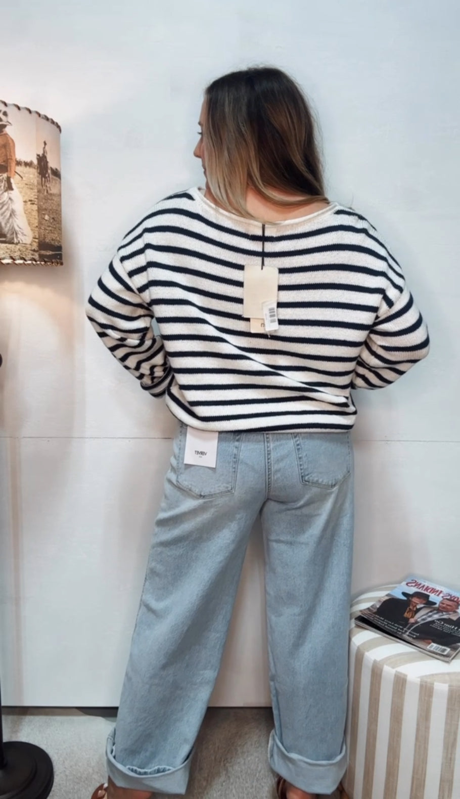 Knit Cotton Sweater Stripe Top Navy
