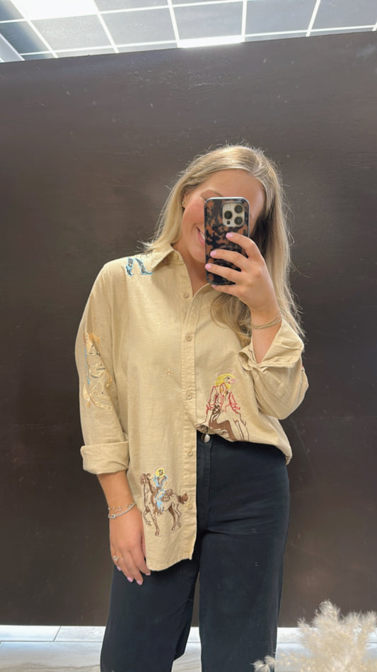 Western Cowgirl Motif Button Up Linen Shirt Blouse- Camel