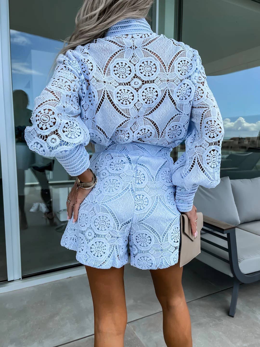 Lace Solid Color Top and Short Set - Blue