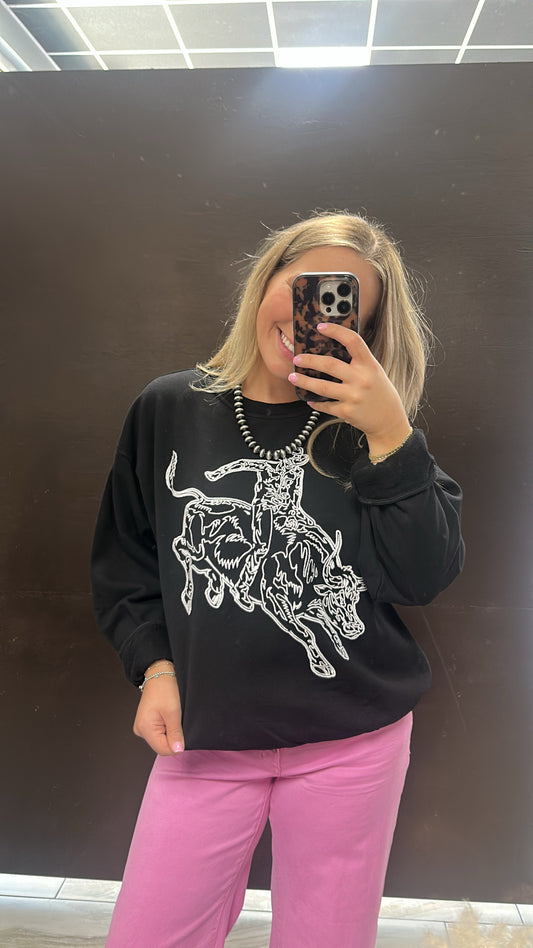 Embroidered Western Pullover Sweatshirt -Black
