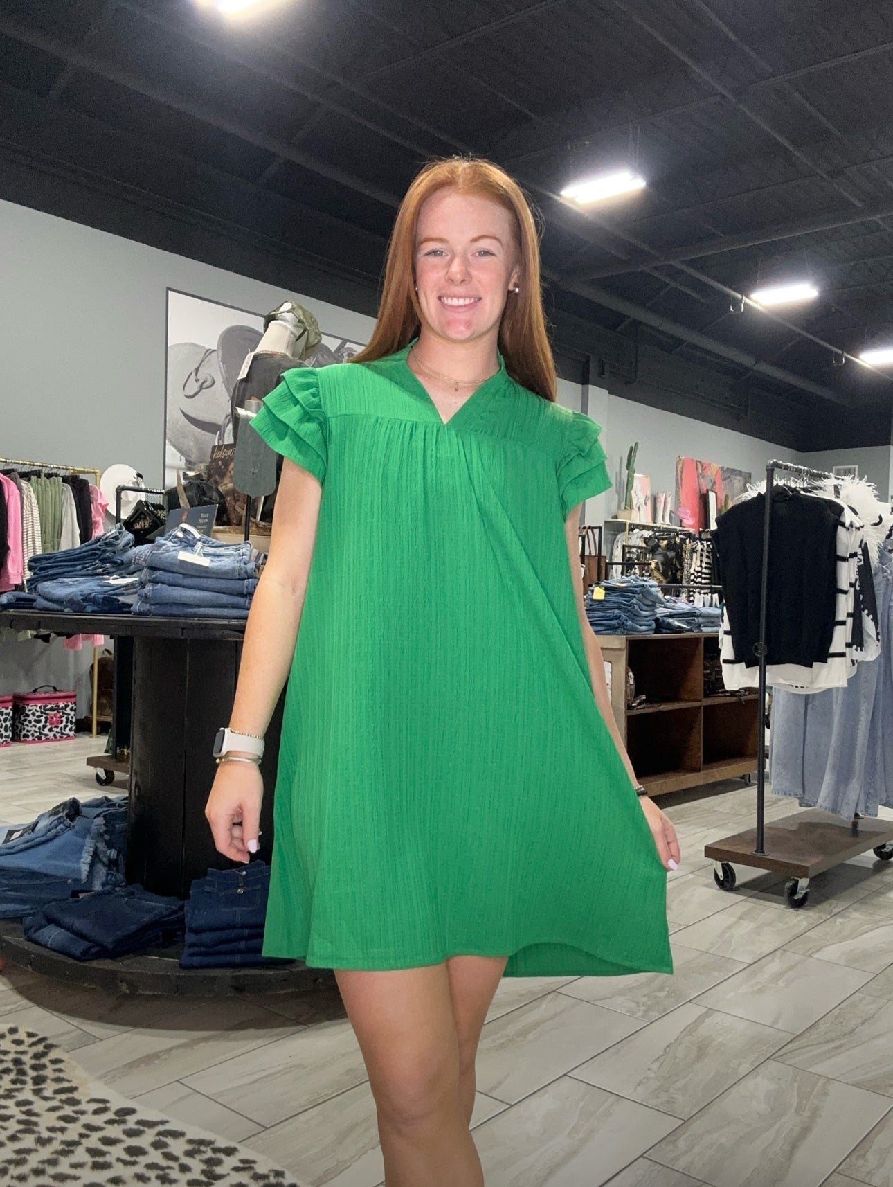 Ruffle Sleeve Dress - Green